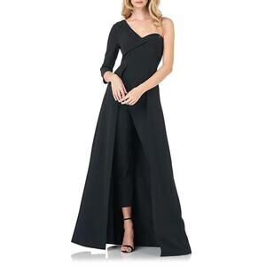 Kay Unger Black One Shoulder Stretch Crepe Maxi Formal Romper Jumpsuit Size 8